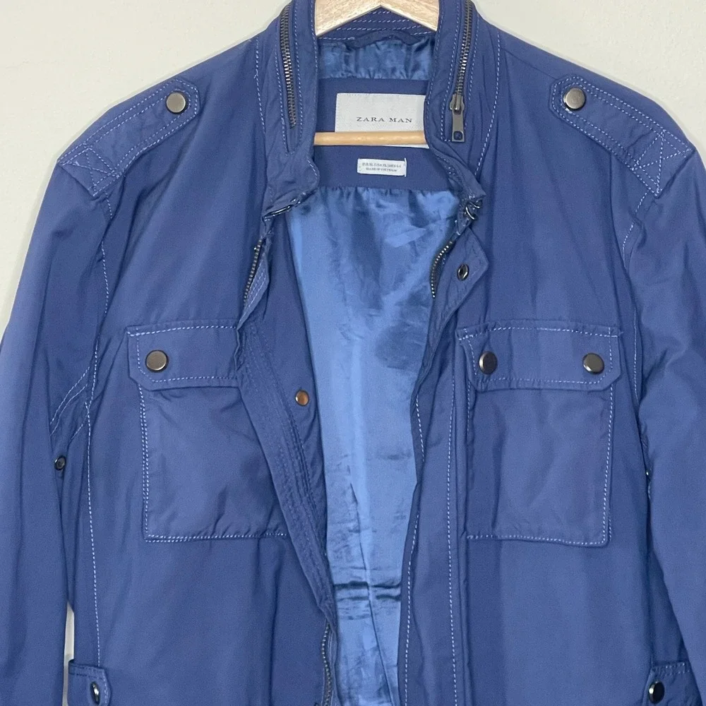 Zara Man Blue Field Jacket Mens XL Utility Military Mock Neck Zip Front Jacket - Picture 3 of 12